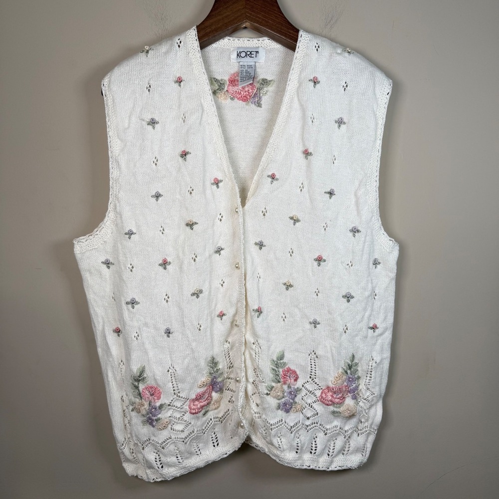 Koret Cream Floral Embroidered Sweater Vest 1X Cottagecore